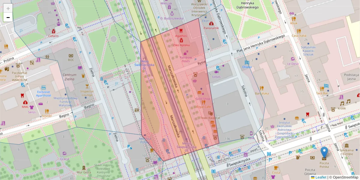 Szczegółowa mapa kodu pocztowego 00-005 z granicami, sąsiednimi kodami pocztowymi i urzędami pocztowymi