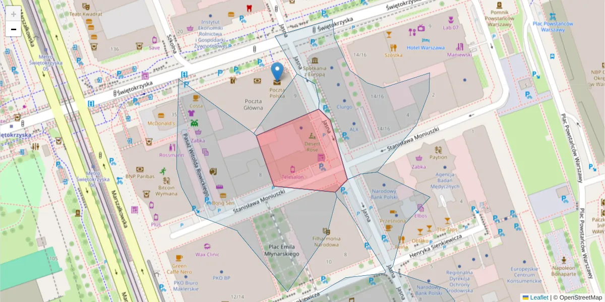 Szczegółowa mapa kodu pocztowego 00-007 z granicami, sąsiednimi kodami pocztowymi i urzędami pocztowymi