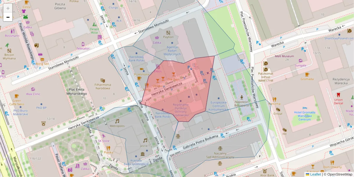 Szczegółowa mapa kodu pocztowego 00-015 z granicami, sąsiednimi kodami pocztowymi i urzędami pocztowymi