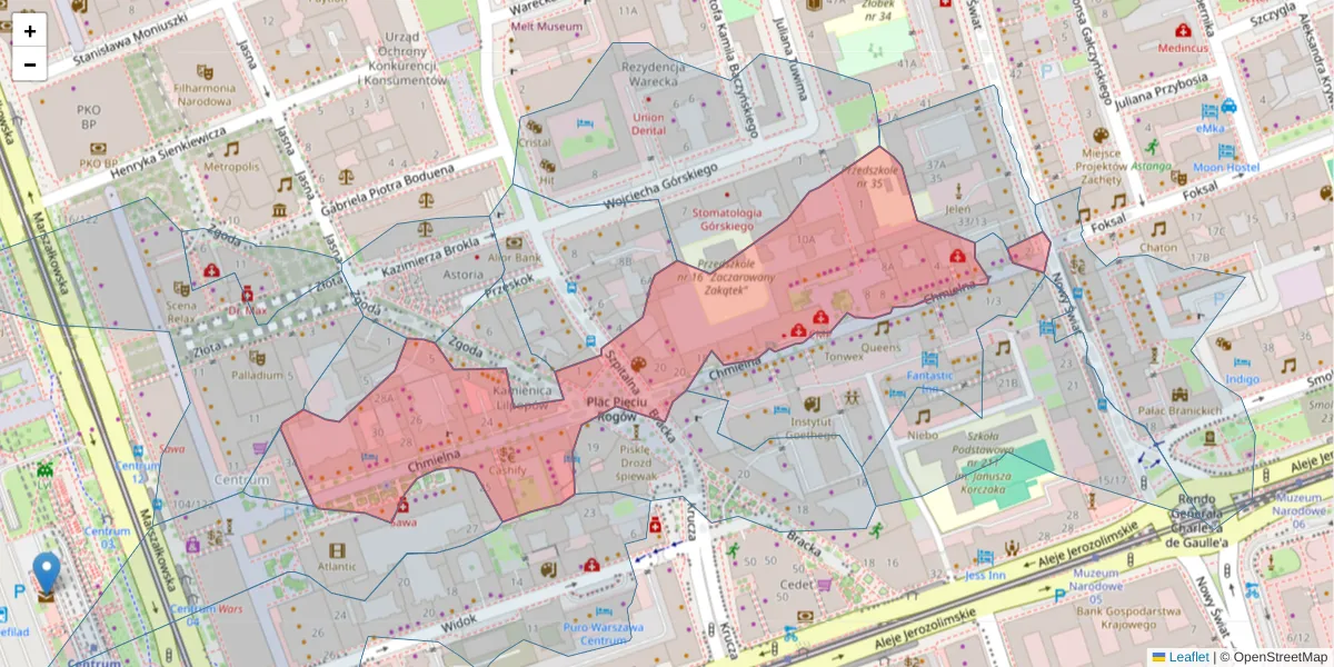 Szczegółowa mapa kodu pocztowego 00-020 z granicami, sąsiednimi kodami pocztowymi i urzędami pocztowymi