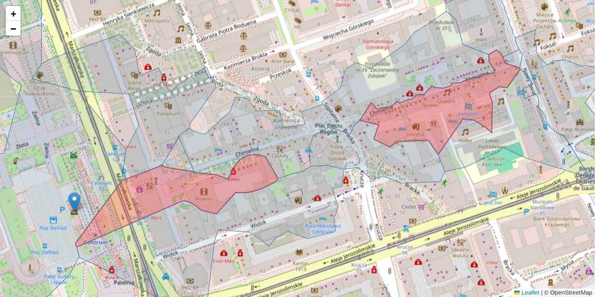Szczegółowa mapa kodu pocztowego 00-021 z granicami, sąsiednimi kodami pocztowymi i urzędami pocztowymi