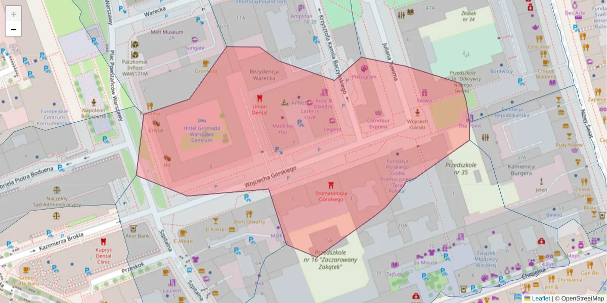Szczegółowa mapa kodu pocztowego 00-033 z granicami, sąsiednimi kodami pocztowymi i urzędami pocztowymi