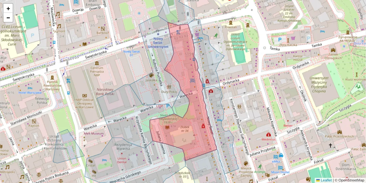 Szczegółowa mapa kodu pocztowego 00-042 z granicami, sąsiednimi kodami pocztowymi i urzędami pocztowymi