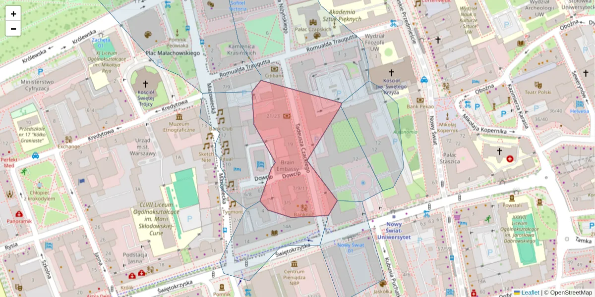 Szczegółowa mapa kodu pocztowego 00-043 z granicami, sąsiednimi kodami pocztowymi i urzędami pocztowymi