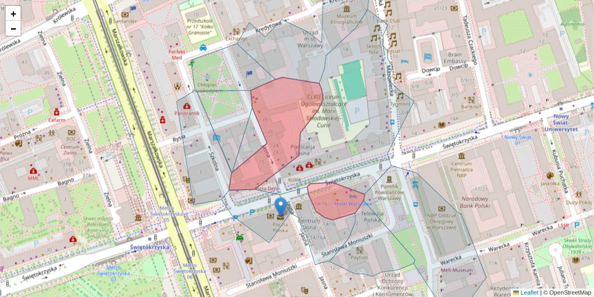 Szczegółowa mapa kodu pocztowego 00-054 z granicami, sąsiednimi kodami pocztowymi i urzędami pocztowymi