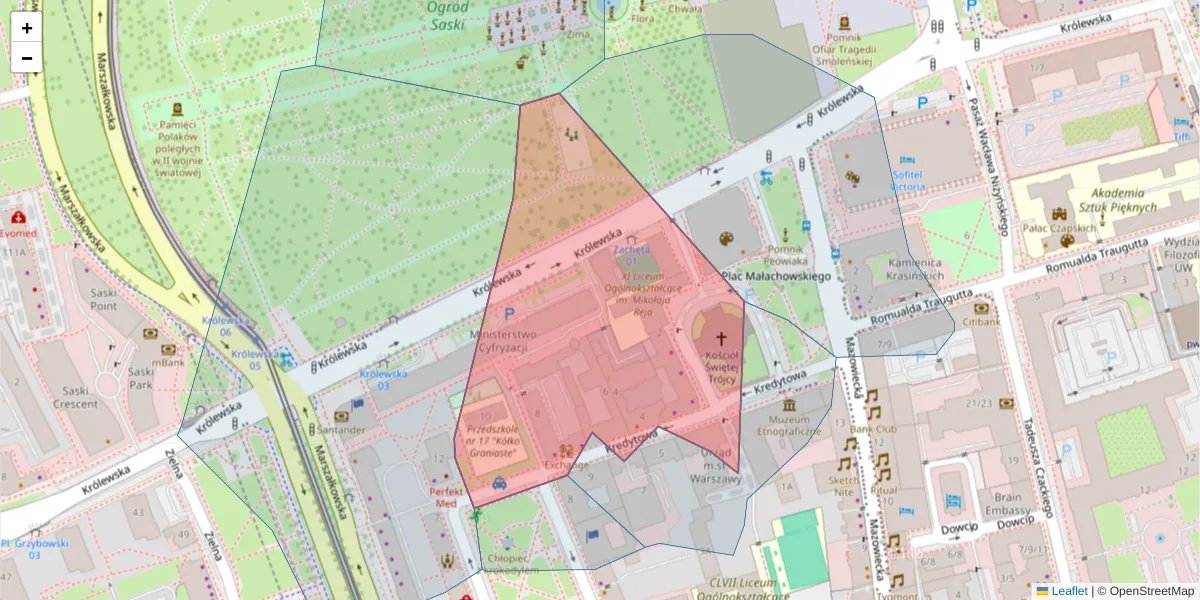 Szczegółowa mapa kodu pocztowego 00-062 z granicami, sąsiednimi kodami pocztowymi i urzędami pocztowymi