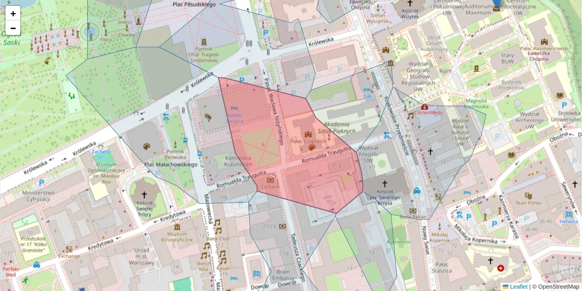 Szczegółowa mapa kodu pocztowego 00-067 z granicami, sąsiednimi kodami pocztowymi i urzędami pocztowymi