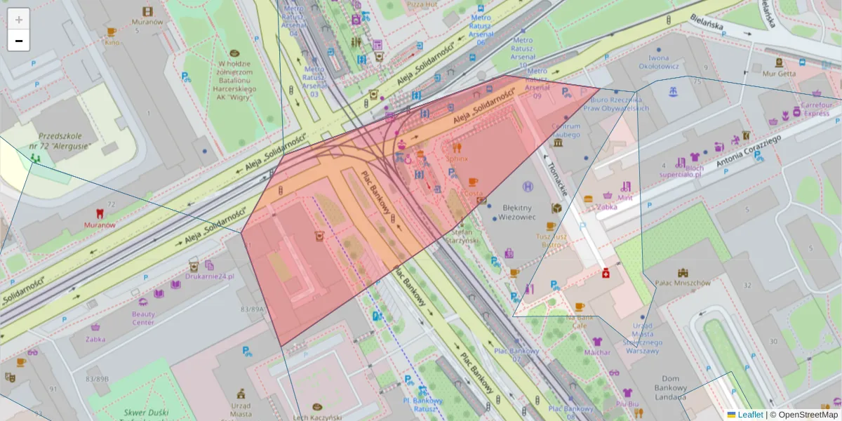 Szczegółowa mapa kodu pocztowego 00-090 z granicami, sąsiednimi kodami pocztowymi i urzędami pocztowymi