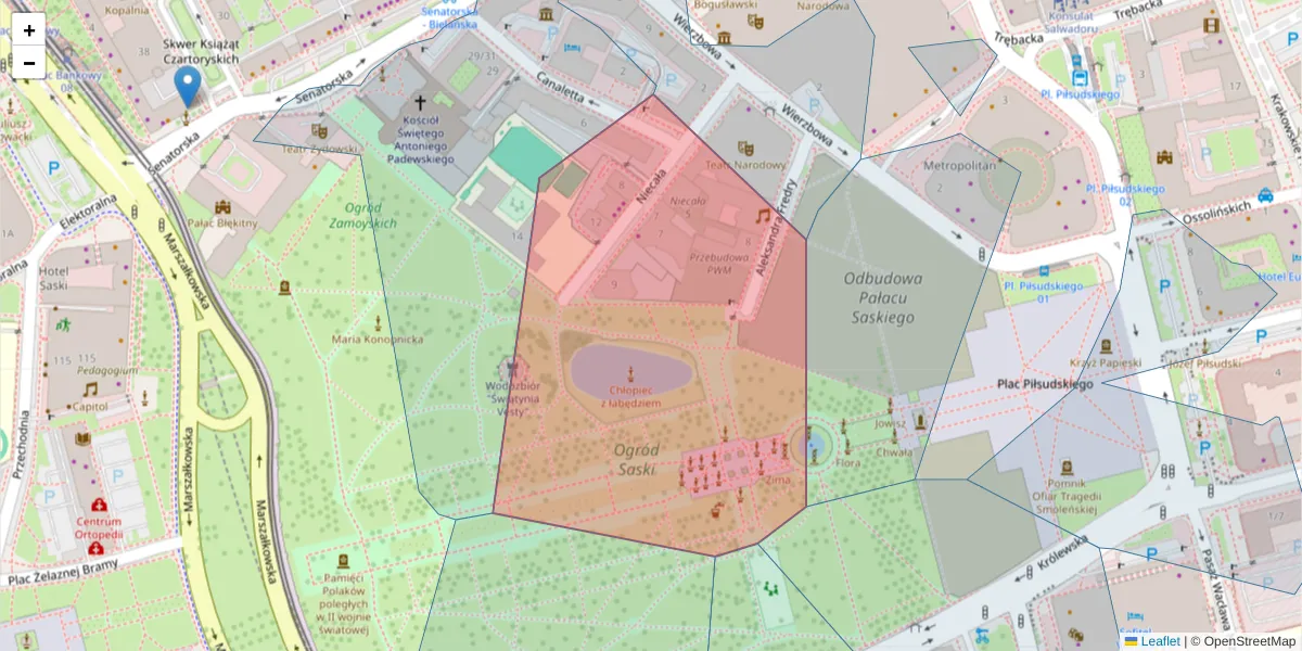 Szczegółowa mapa kodu pocztowego 00-098 z granicami, sąsiednimi kodami pocztowymi i urzędami pocztowymi