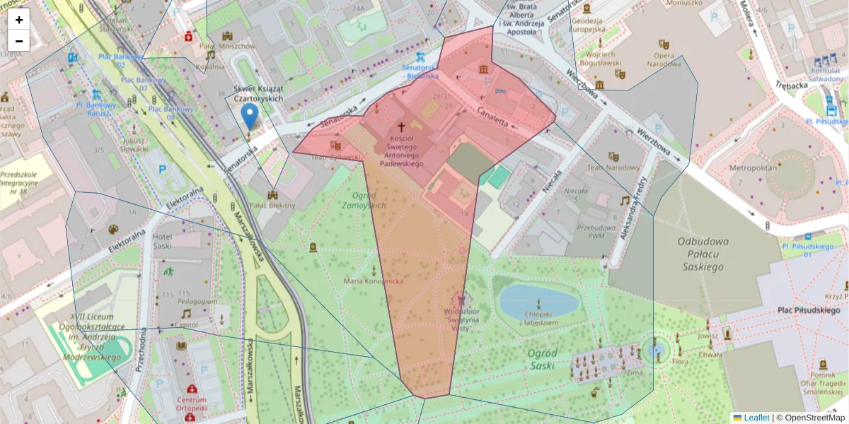Szczegółowa mapa kodu pocztowego 00-099 z granicami, sąsiednimi kodami pocztowymi i urzędami pocztowymi