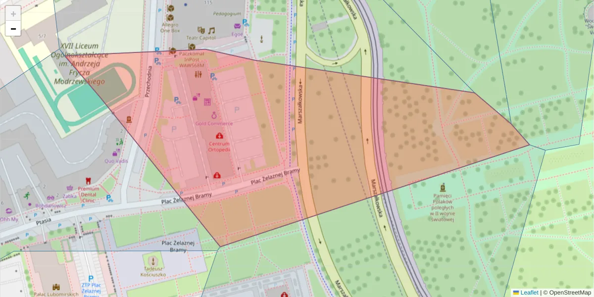 Szczegółowa mapa kodu pocztowego 00-100 z granicami, sąsiednimi kodami pocztowymi i urzędami pocztowymi