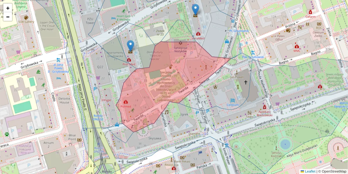 Szczegółowa mapa kodu pocztowego 00-105 z granicami, sąsiednimi kodami pocztowymi i urzędami pocztowymi