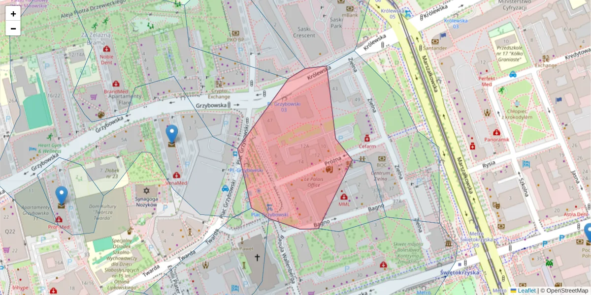 Szczegółowa mapa kodu pocztowego 00-107 z granicami, sąsiednimi kodami pocztowymi i urzędami pocztowymi