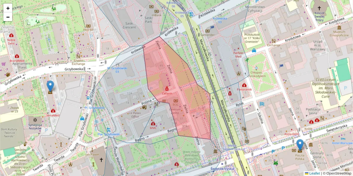 Szczegółowa mapa kodu pocztowego 00-108 z granicami, sąsiednimi kodami pocztowymi i urzędami pocztowymi