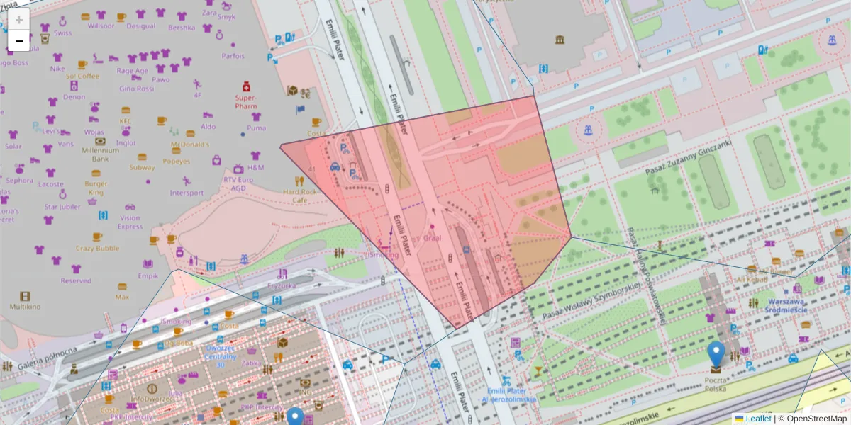 Szczegółowa mapa kodu pocztowego 00-118 z granicami, sąsiednimi kodami pocztowymi i urzędami pocztowymi