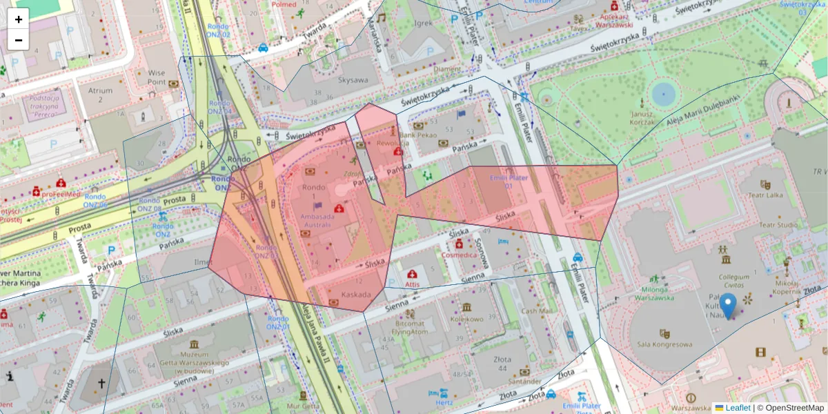 Szczegółowa mapa kodu pocztowego 00-124 z granicami, sąsiednimi kodami pocztowymi i urzędami pocztowymi