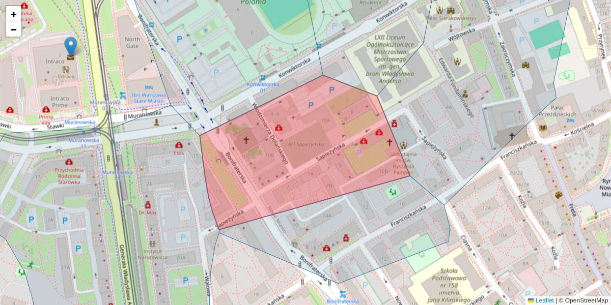 Szczegółowa mapa kodu pocztowego 00-215 z granicami, sąsiednimi kodami pocztowymi i urzędami pocztowymi