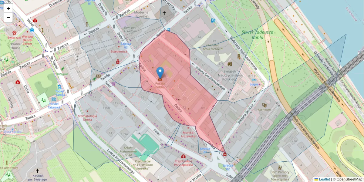 Szczegółowa mapa kodu pocztowego 00-388 z granicami, sąsiednimi kodami pocztowymi i urzędami pocztowymi