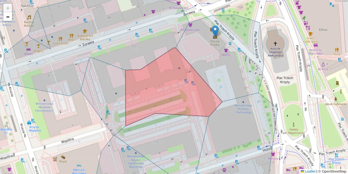 Szczegółowa mapa kodu pocztowego 00-505 z granicami, sąsiednimi kodami pocztowymi i urzędami pocztowymi