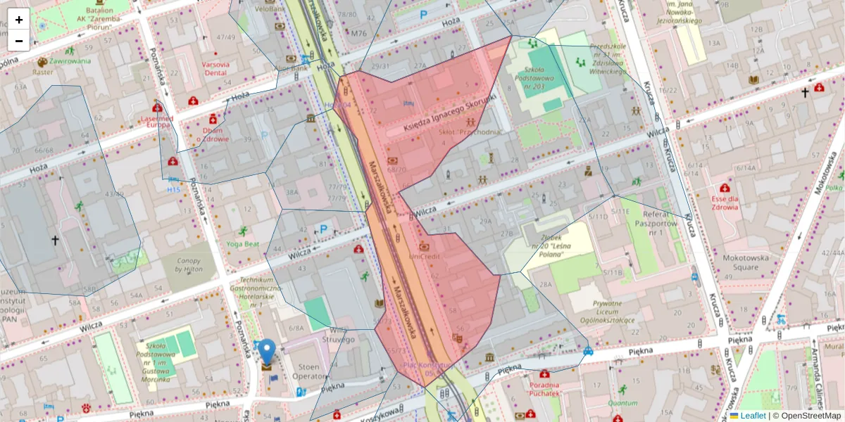 Szczegółowa mapa kodu pocztowego 00-545 z granicami, sąsiednimi kodami pocztowymi i urzędami pocztowymi
