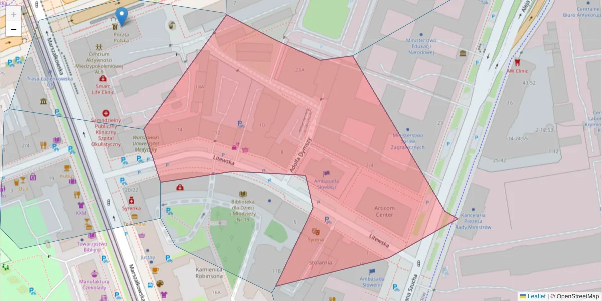 Szczegółowa mapa kodu pocztowego 00-581 z granicami, sąsiednimi kodami pocztowymi i urzędami pocztowymi