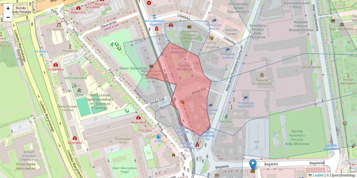 Szczegółowa mapa kodu pocztowego 00-590 z granicami, sąsiednimi kodami pocztowymi i urzędami pocztowymi