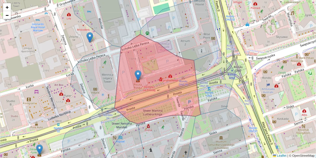 Szczegółowa mapa kodu pocztowego 00-850 z granicami, sąsiednimi kodami pocztowymi i urzędami pocztowymi