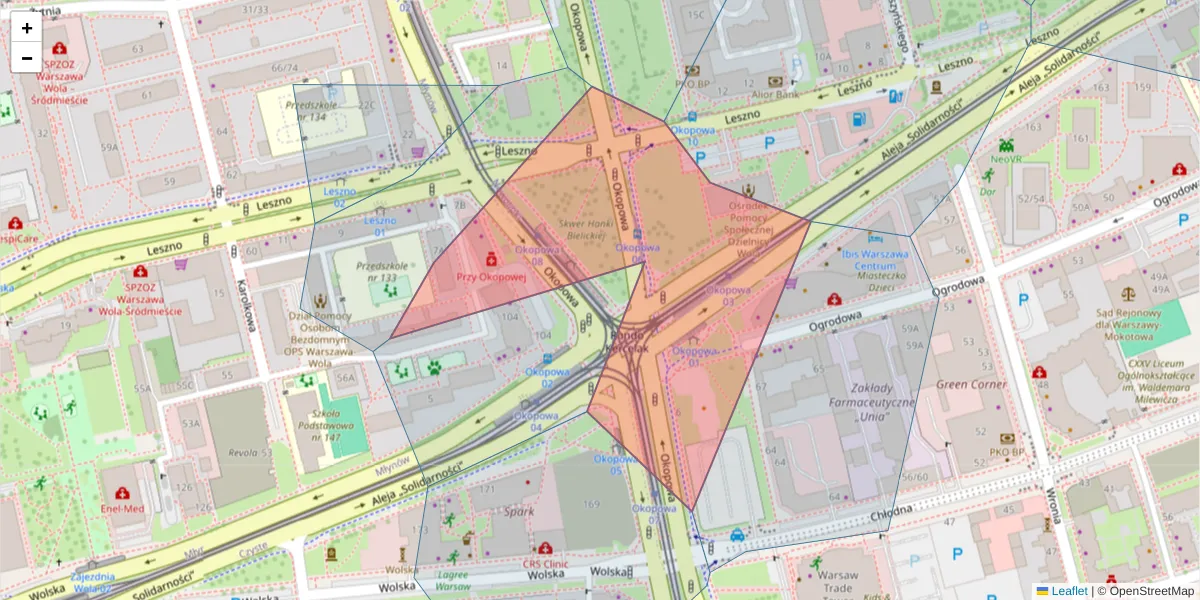 Szczegółowa mapa kodu pocztowego 01-063 z granicami, sąsiednimi kodami pocztowymi i urzędami pocztowymi