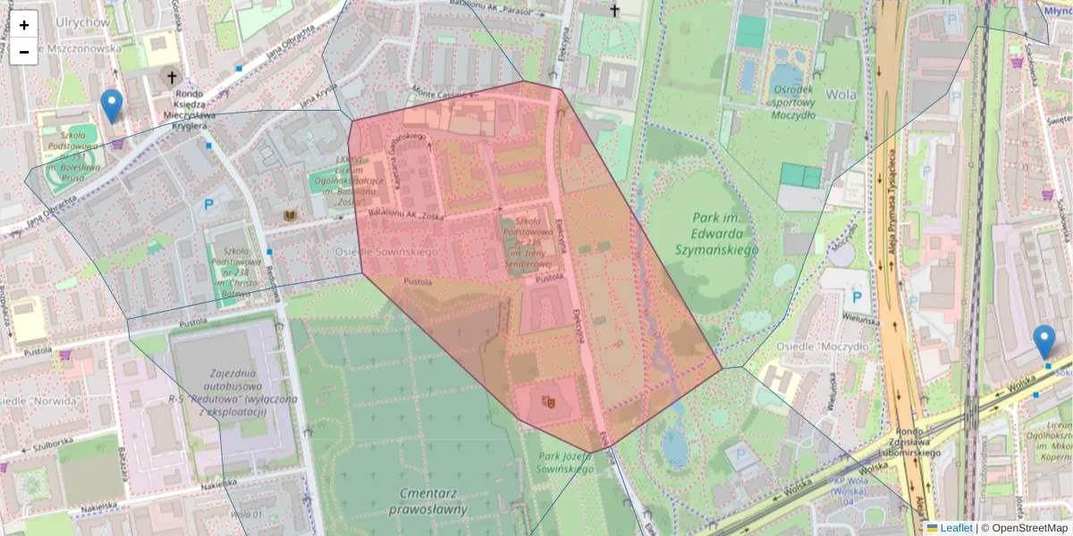 Szczegółowa mapa kodu pocztowego 01-122 z granicami, sąsiednimi kodami pocztowymi i urzędami pocztowymi