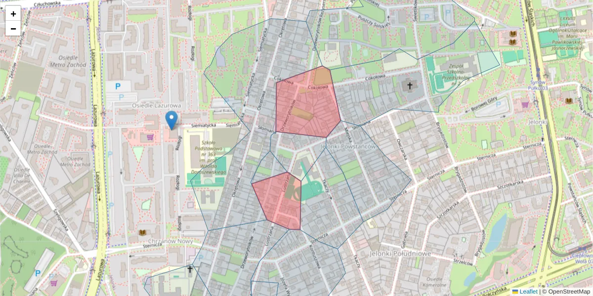 Szczegółowa mapa kodu pocztowego 01-385 z granicami, sąsiednimi kodami pocztowymi i urzędami pocztowymi