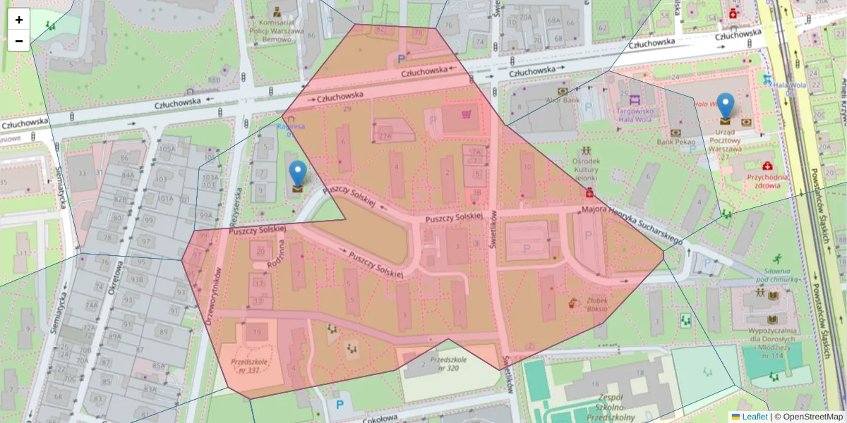 Szczegółowa mapa kodu pocztowego 01-390 z granicami, sąsiednimi kodami pocztowymi i urzędami pocztowymi