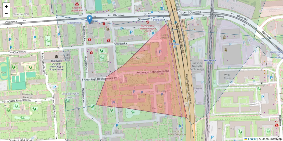 Szczegółowa mapa kodu pocztowego 01-405 z granicami, sąsiednimi kodami pocztowymi i urzędami pocztowymi