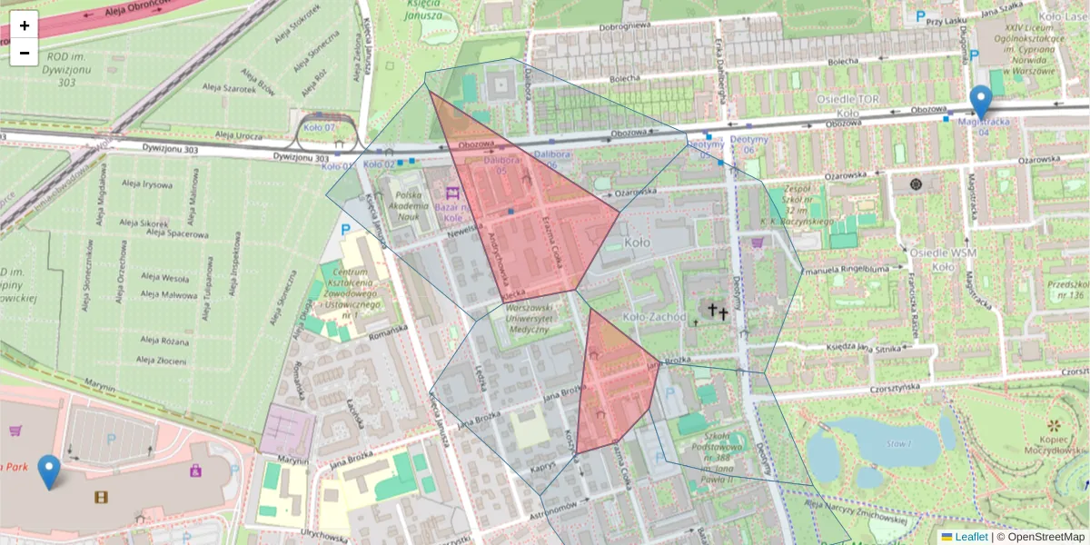Szczegółowa mapa kodu pocztowego 01-445 z granicami, sąsiednimi kodami pocztowymi i urzędami pocztowymi