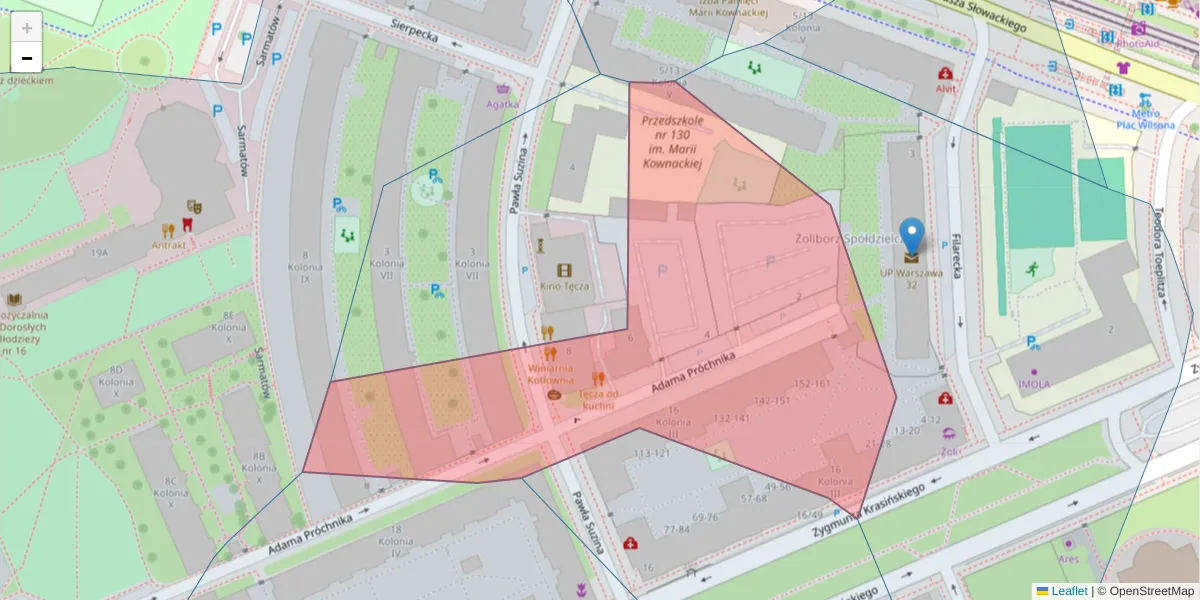 Szczegółowa mapa kodu pocztowego 01-585 z granicami, sąsiednimi kodami pocztowymi i urzędami pocztowymi