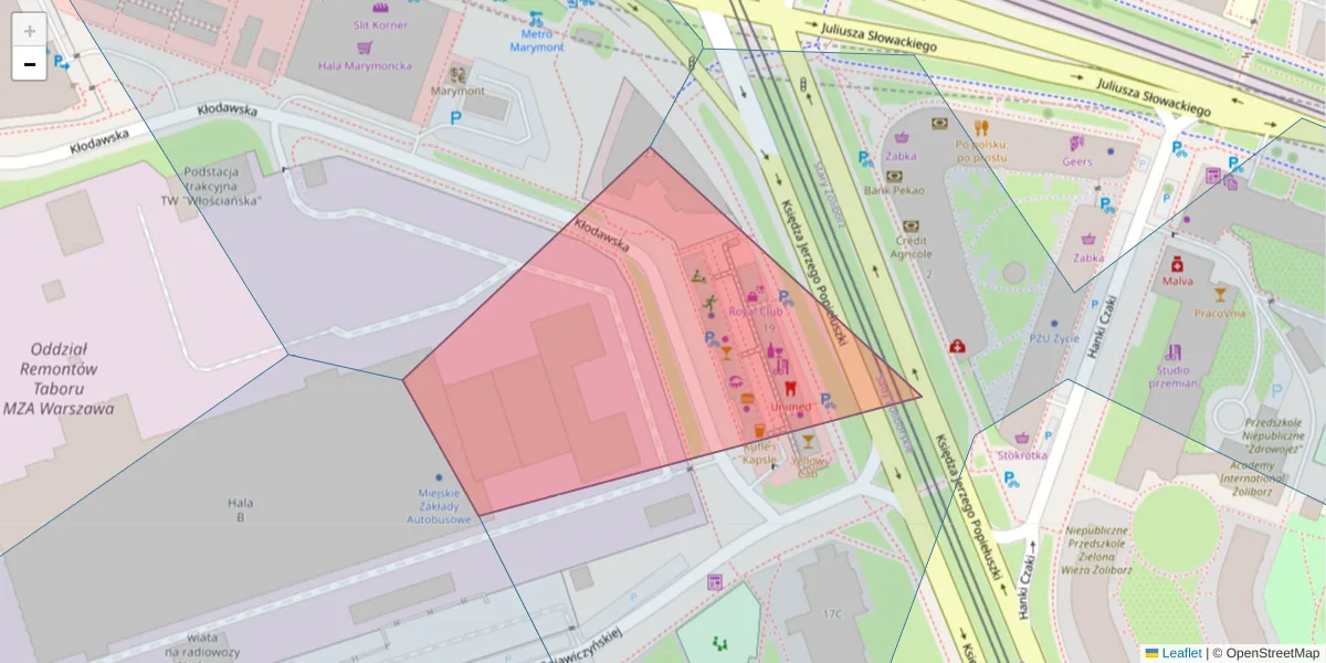 Szczegółowa mapa kodu pocztowego 01-595 z granicami, sąsiednimi kodami pocztowymi i urzędami pocztowymi