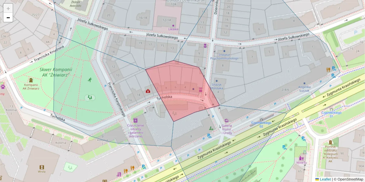 Szczegółowa mapa kodu pocztowego 01-608 z granicami, sąsiednimi kodami pocztowymi i urzędami pocztowymi