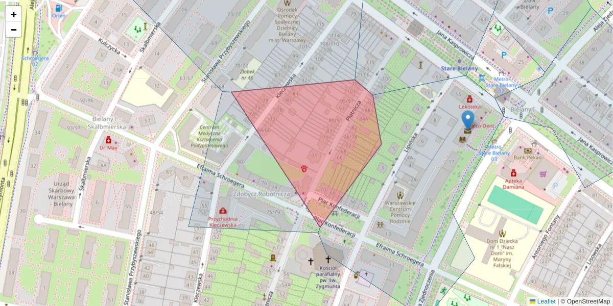 Szczegółowa mapa kodu pocztowego 01-822 z granicami, sąsiednimi kodami pocztowymi i urzędami pocztowymi