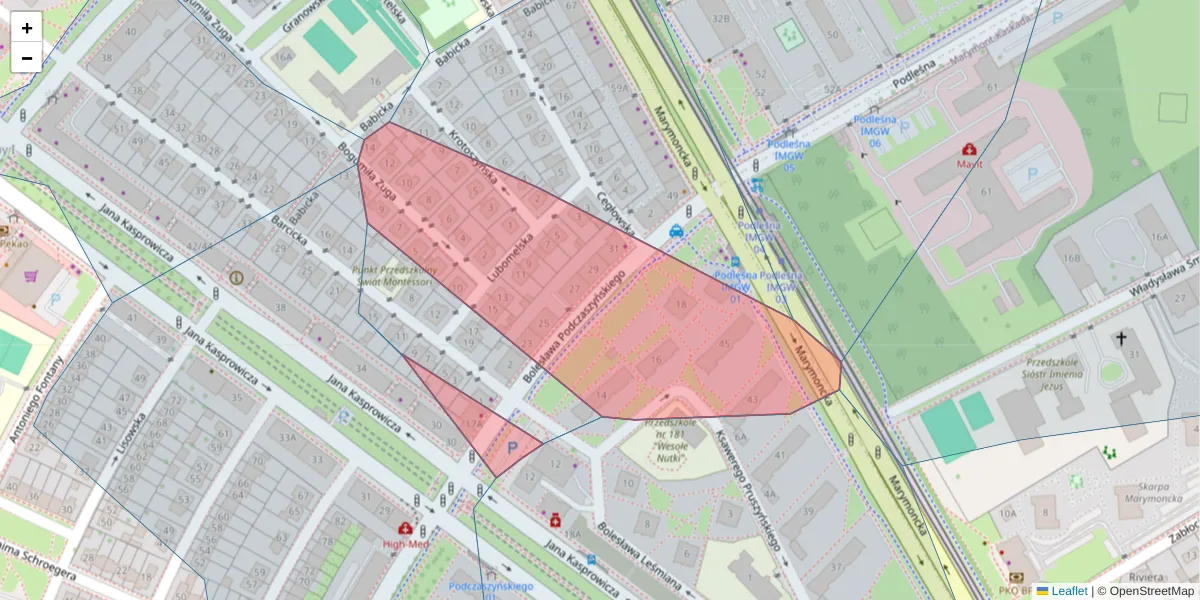 Szczegółowa mapa kodu pocztowego 01-866 z granicami, sąsiednimi kodami pocztowymi i urzędami pocztowymi