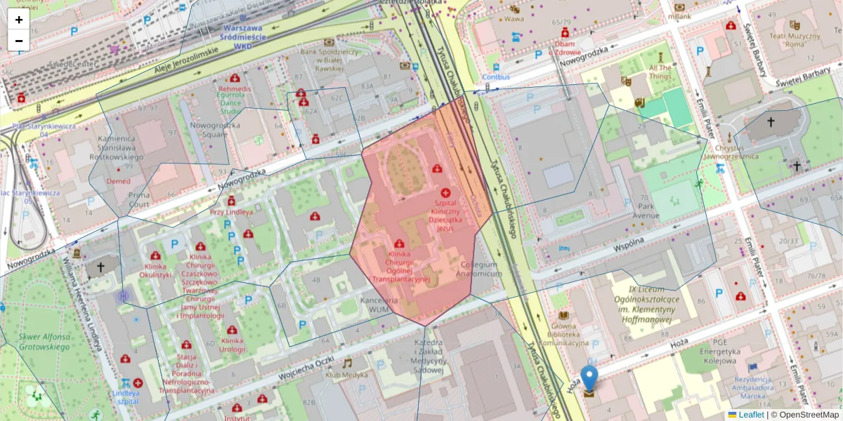Szczegółowa mapa kodu pocztowego 02-004 z granicami, sąsiednimi kodami pocztowymi i urzędami pocztowymi