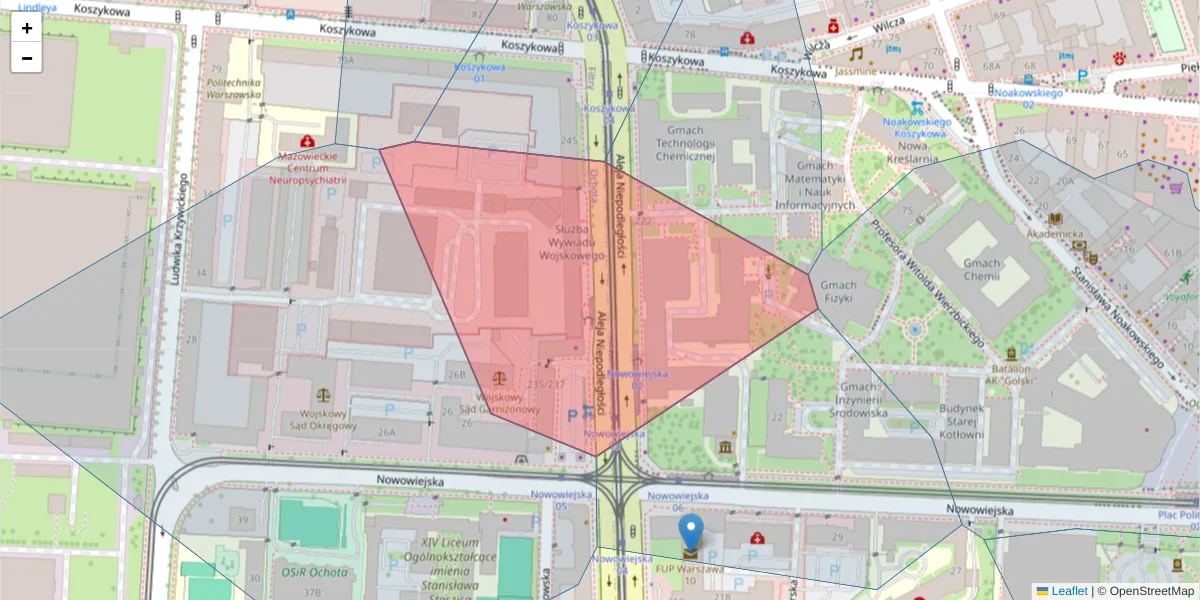 Szczegółowa mapa kodu pocztowego 02-009 z granicami, sąsiednimi kodami pocztowymi i urzędami pocztowymi