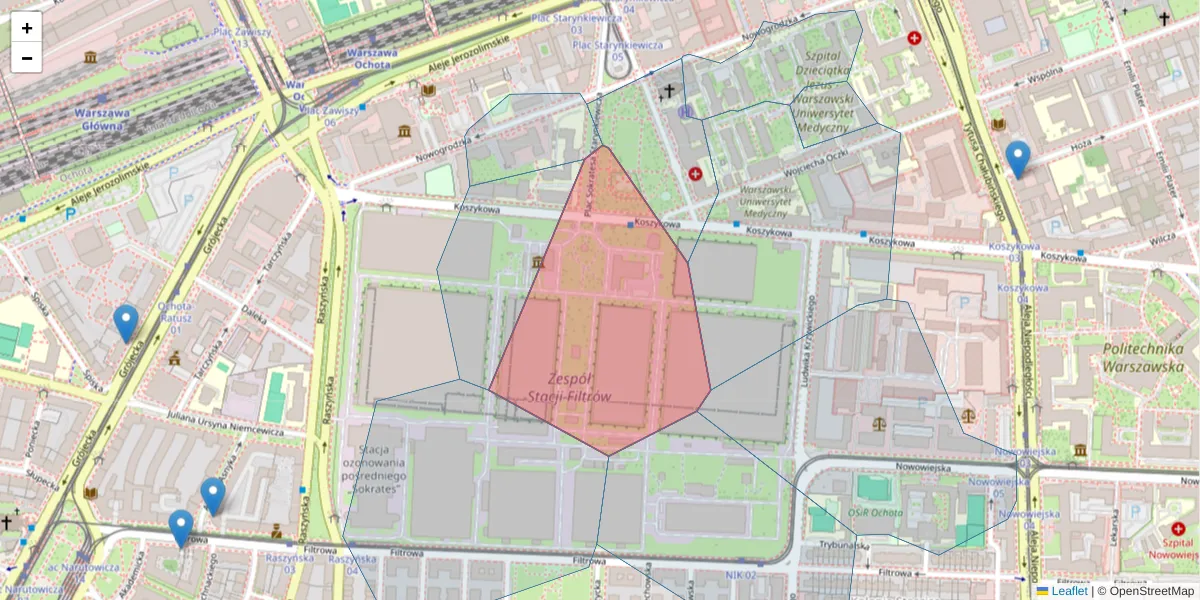 Szczegółowa mapa kodu pocztowego 02-012 z granicami, sąsiednimi kodami pocztowymi i urzędami pocztowymi