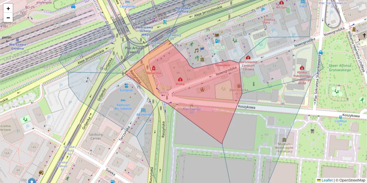 Szczegółowa mapa kodu pocztowego 02-018 z granicami, sąsiednimi kodami pocztowymi i urzędami pocztowymi