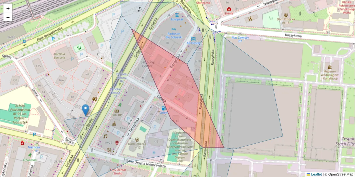 Szczegółowa mapa kodu pocztowego 02-023 z granicami, sąsiednimi kodami pocztowymi i urzędami pocztowymi