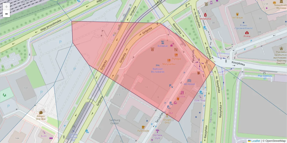Szczegółowa mapa kodu pocztowego 02-025 z granicami, sąsiednimi kodami pocztowymi i urzędami pocztowymi