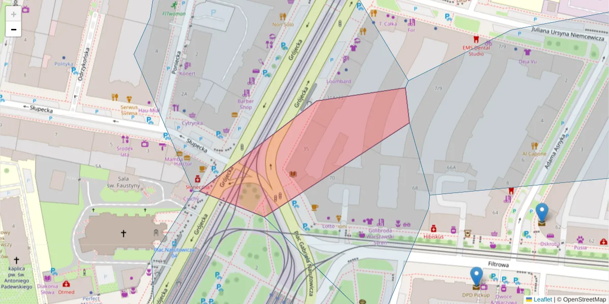 Szczegółowa mapa kodu pocztowego 02-030 z granicami, sąsiednimi kodami pocztowymi i urzędami pocztowymi