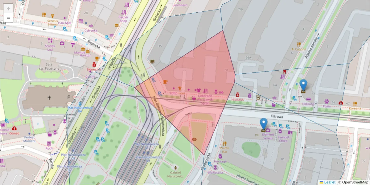 Szczegółowa mapa kodu pocztowego 02-032 z granicami, sąsiednimi kodami pocztowymi i urzędami pocztowymi