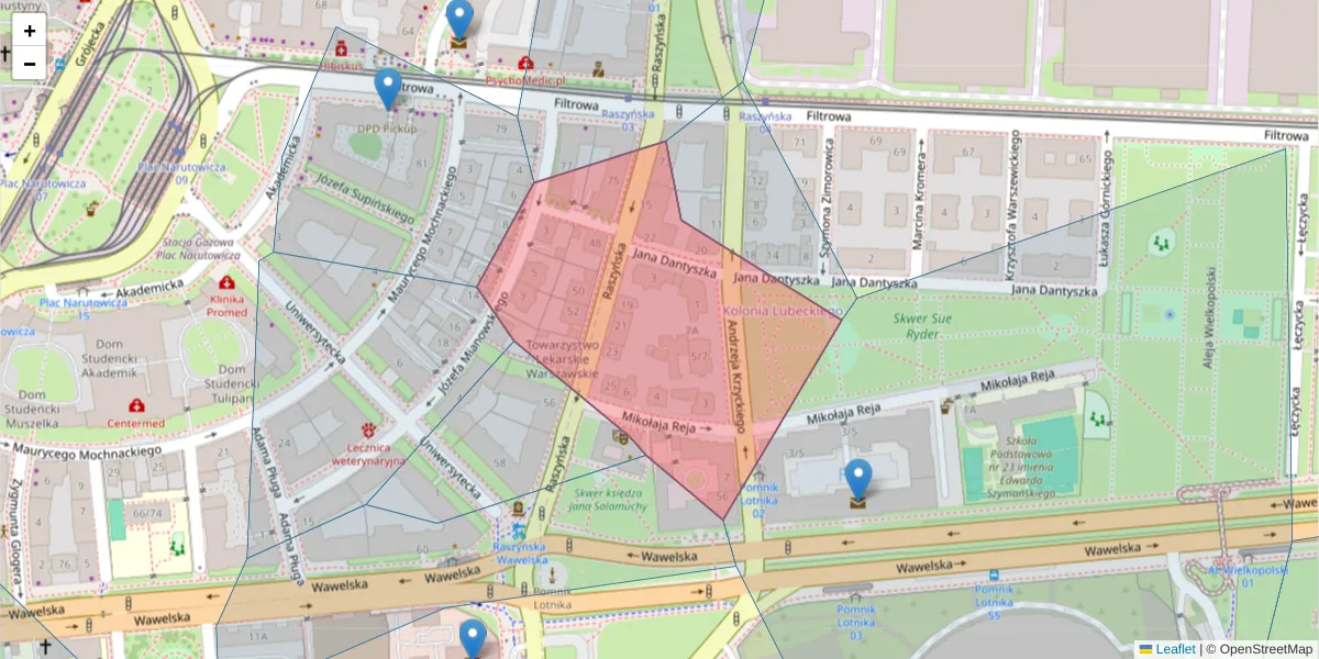 Szczegółowa mapa kodu pocztowego 02-054 z granicami, sąsiednimi kodami pocztowymi i urzędami pocztowymi