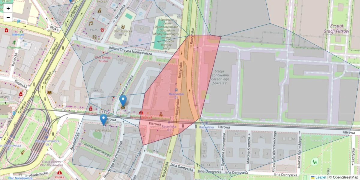 Szczegółowa mapa kodu pocztowego 02-057 z granicami, sąsiednimi kodami pocztowymi i urzędami pocztowymi