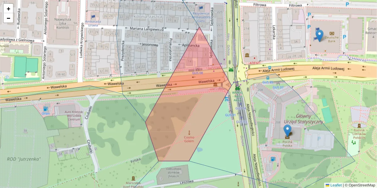 Szczegółowa mapa kodu pocztowego 02-081 z granicami, sąsiednimi kodami pocztowymi i urzędami pocztowymi