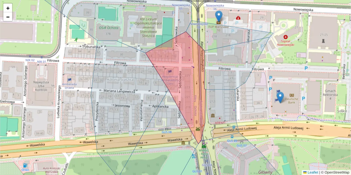 Szczegółowa mapa kodu pocztowego 02-087 z granicami, sąsiednimi kodami pocztowymi i urzędami pocztowymi